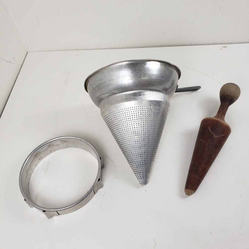 Vintage Wear-Ever No 462 Aluminum Chinois Sieve Set With Wood Pestle No Legs